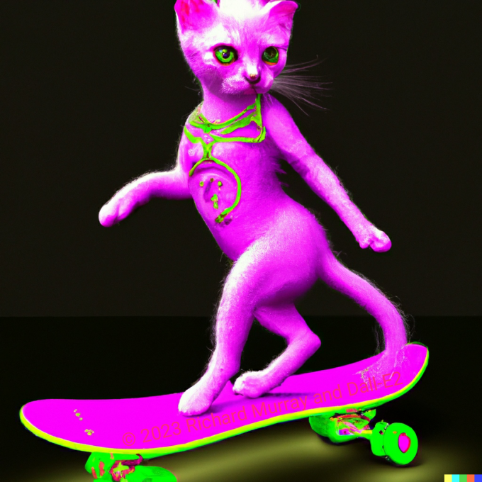 A neon cat, skateboarding