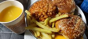 Chicken burgers, chips, and beans