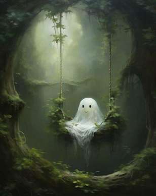 A cute ghost on a swing in a peaceful forest