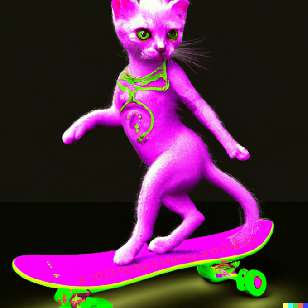 A neon cat, skateboarding