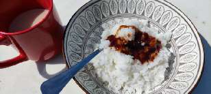 Rice, Yakitori (soy) sauce, and tea.