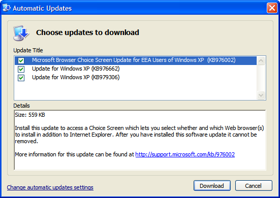 Windows update for EU browser choice installation