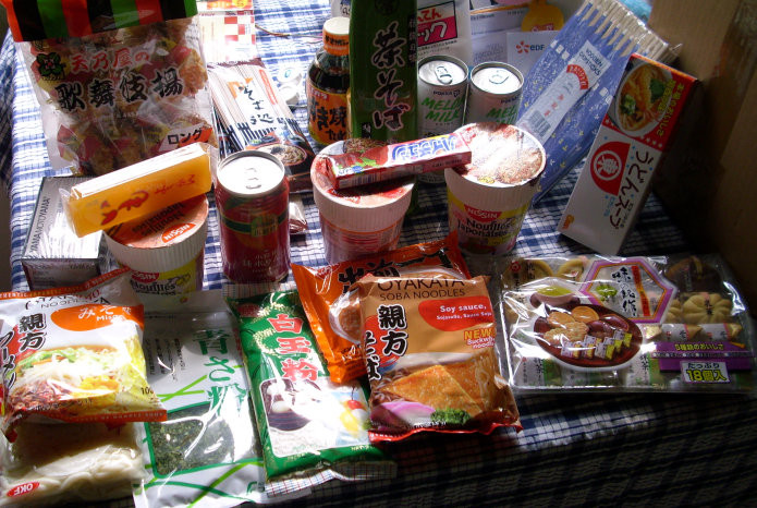 A bountiful array of Japanese foods, all with squiggly writing on the pack and soy/seaweed inside!