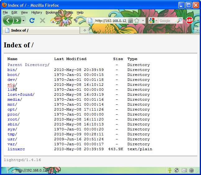 The OSD's web server showing directories and their contents.