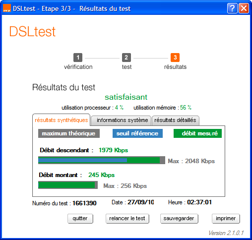 DSLtest results, 1979 kbit down and 245 kbit up, which isn't bad.