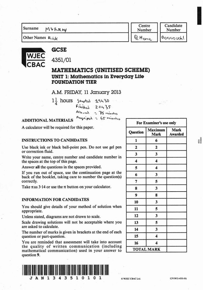 Examination paper, maths foundation, page 1