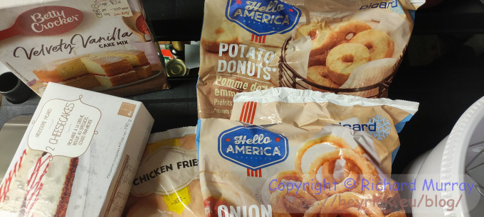 Chicken sticks, onion rings, and potato donuts.