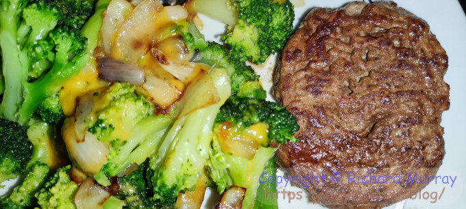 Burger and brocolli/cheese/onion