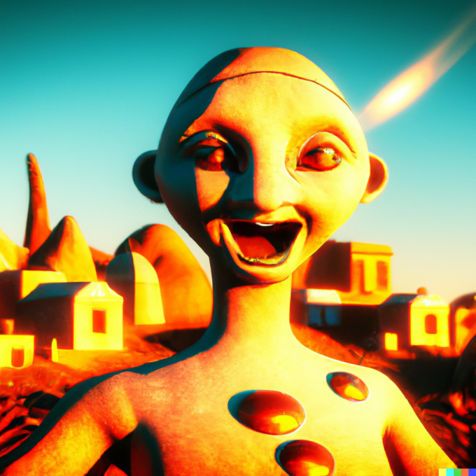 A happy alien in a technicolor world.