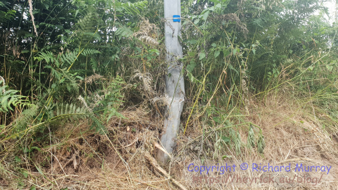 A crushed metal phone pole