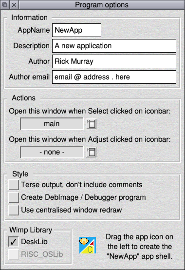 Application generation options window