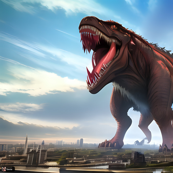 A massive Tyrannosaurus towering over a city