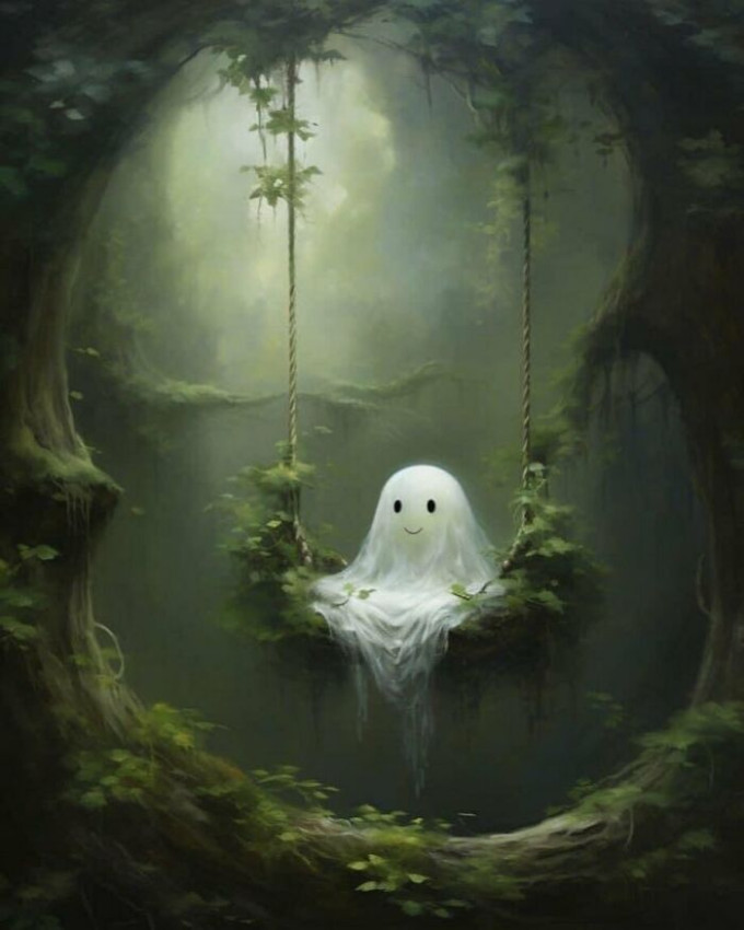 A cute ghost on a swing in a peaceful forest