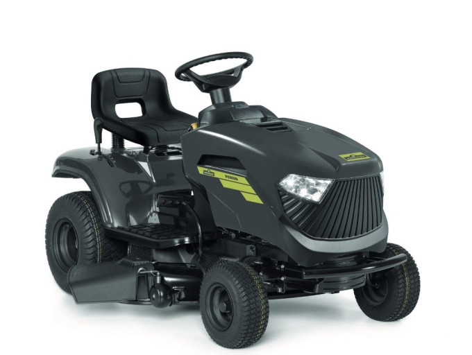 A grey ride-on lawnmower.