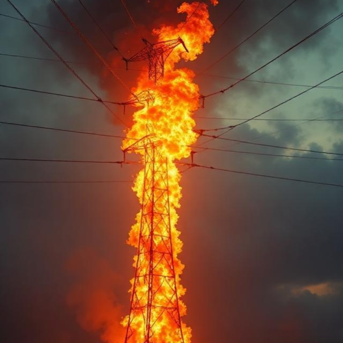 A high voltage pylon on fire.