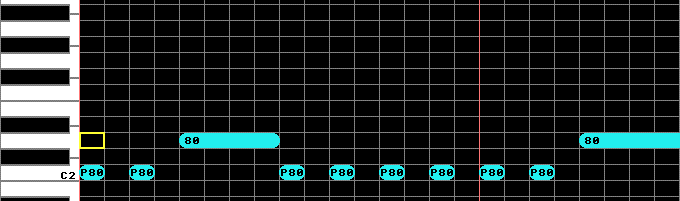 A screenshot of my MIDI sequencer with some pulsed notes.
