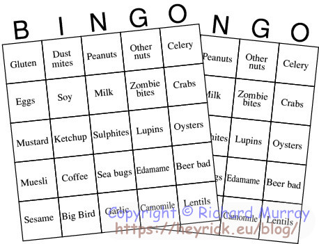 Food allergies bingo card