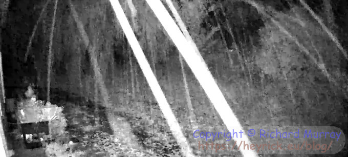 Security camera screenshot of heavy rain