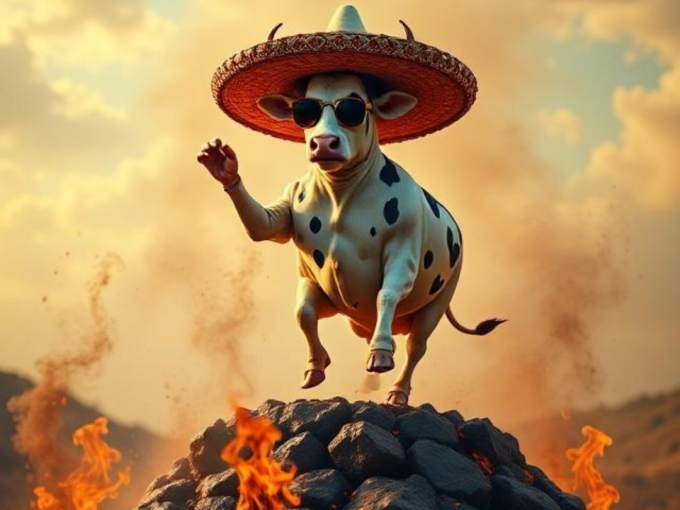 An AI generated image of a cow with sunglasses and a sombrero dancing atop a huge barbeque.