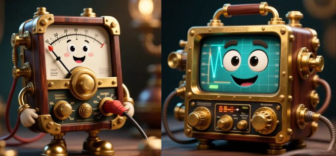 An AI art picture of some seriously steampunk electrical test equipment with friendly faces.