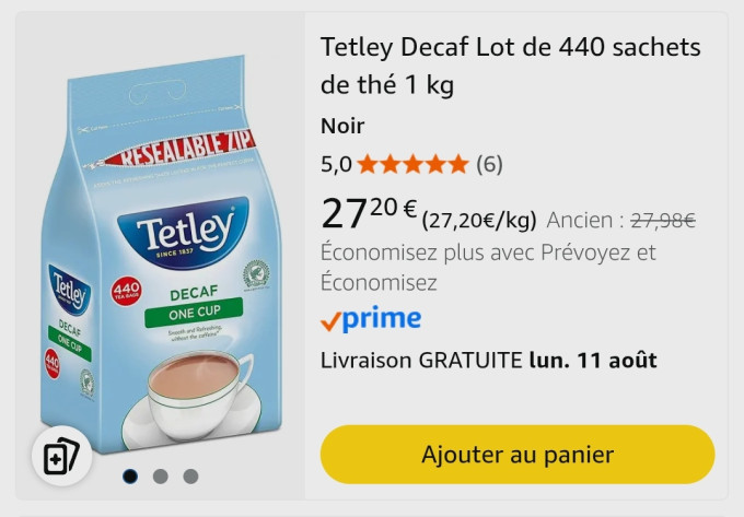Screenshot of an 440 bag of PG Tips decaf on Amazon.