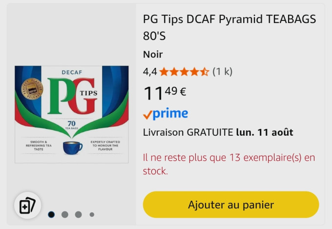 Screenshot of an 80 box of PG Tips decaf on Amazon.