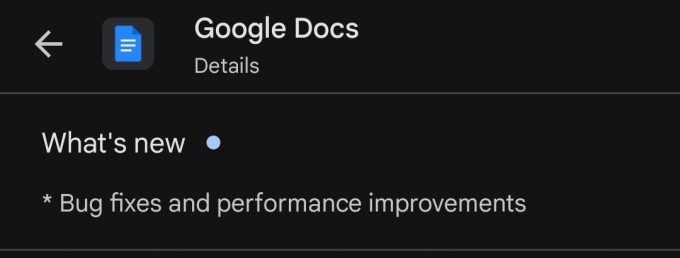 Screenshot of What's New in Google Docs saying nothing useful.