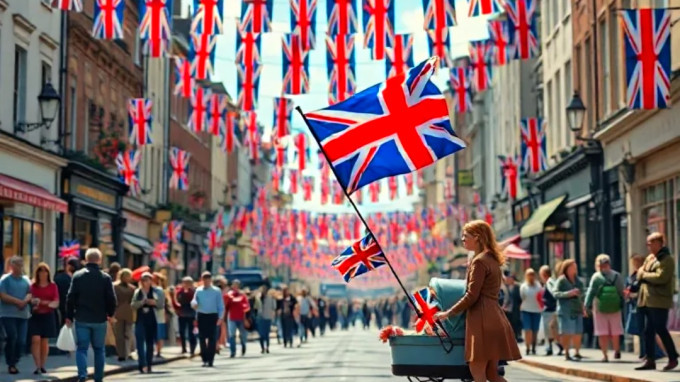 An AI generated image showing a high street with a plethora of British flags.