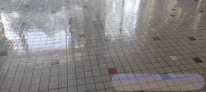 A photo of a wet tile floor showing reflections of the window.