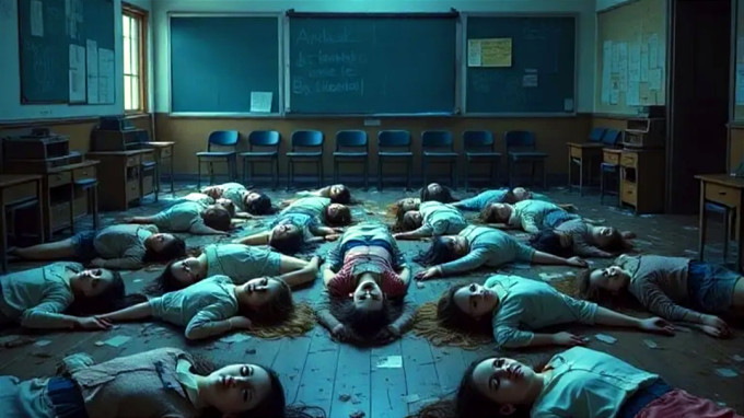 An AI generated picture of children lying on a classroom floor.