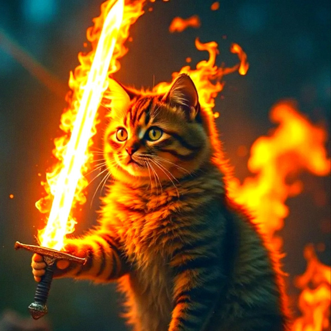 An AI generated picture of a flaming cat holding a sword made of fire.