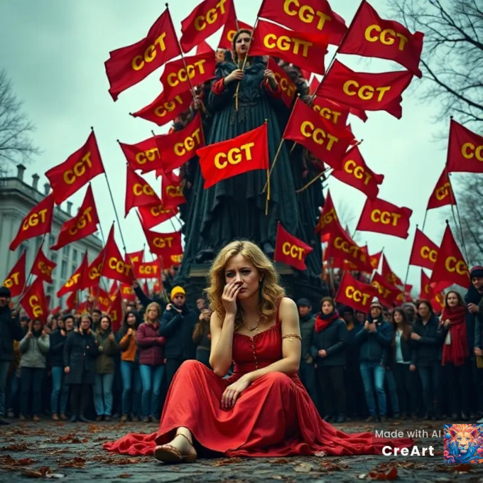 An AI generated picture of a woman sitting on the ground looking distraught while a crowd is waving CGT flags and literally towering over her.
