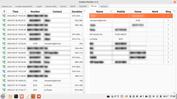 A screenshot of the Livebox's call log.