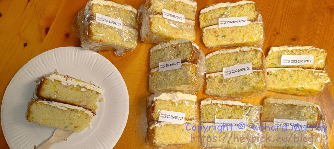 Cake pieces, cut and wrapped for freezing.