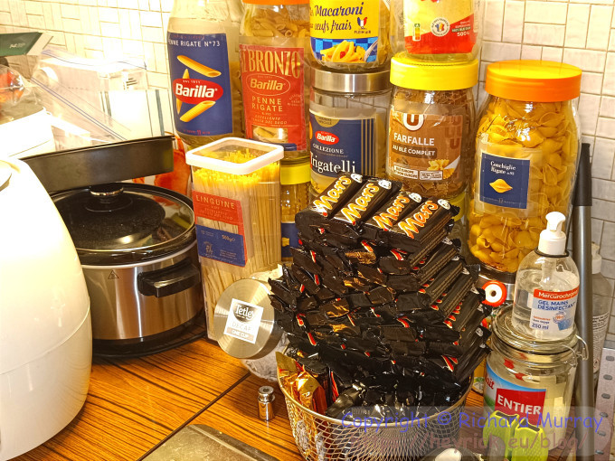 Pasta and Mars bars.