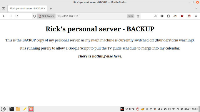 A screenshot of my backup server's intro page.