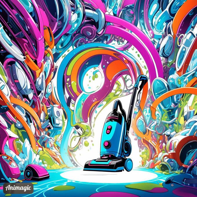 An AI generated psychedelic cartoon vacuum cleaner.