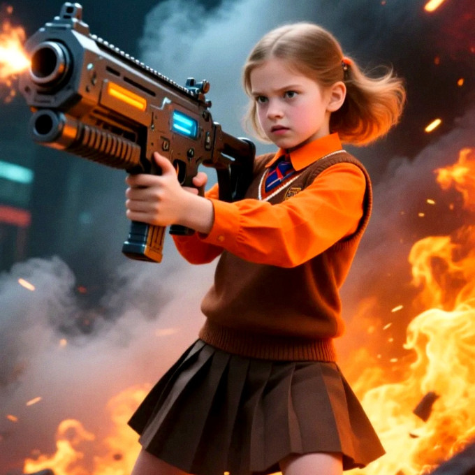 A little schoolgirl with a big gun.