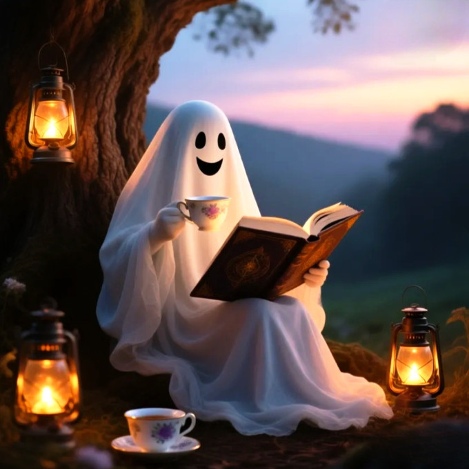 An AI image of a happy ghost reading a book and drinking tea.