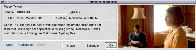 A screenshot of Tea's programme information