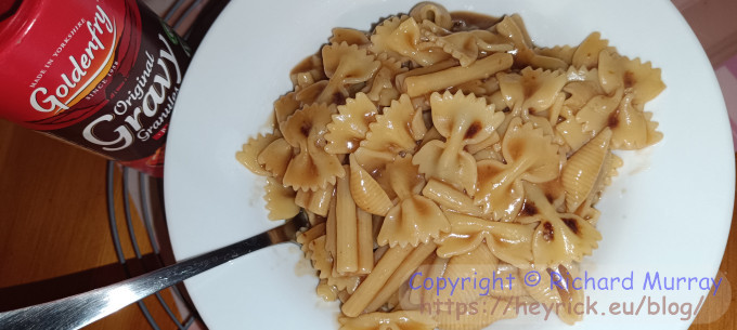 Three types of pasta mixed into instant beef gravy.