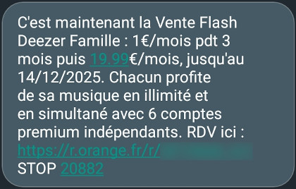 A screenshot of an SMS saying Deezer costs twenty euros a month.