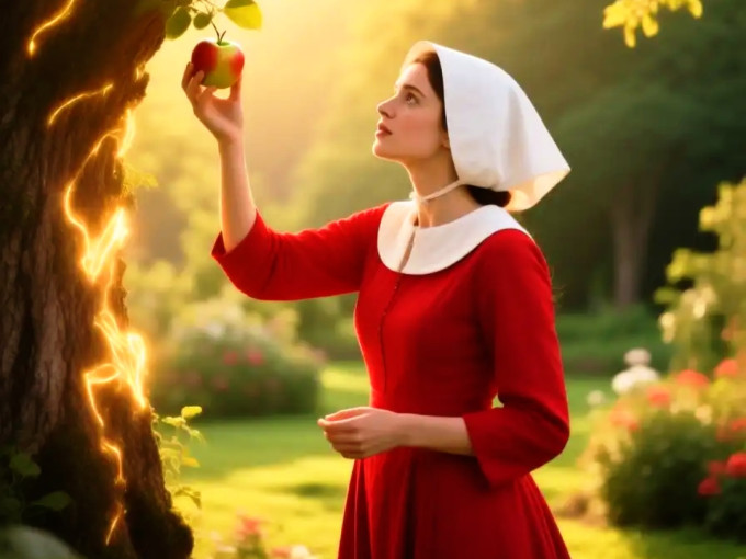 Eve, picking the forbidden fruit.