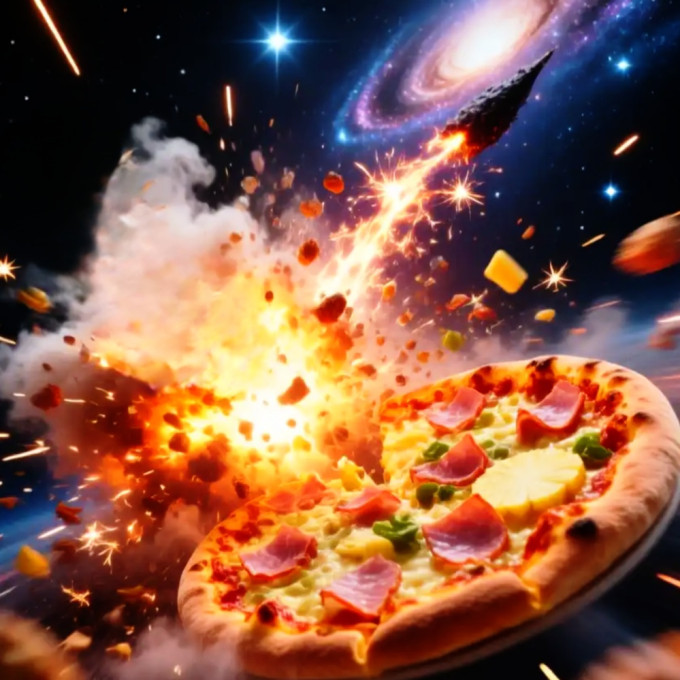 A ham and pineapple pizza roaring through space.