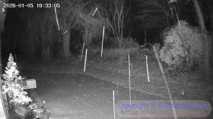 Falling snow, night security camera.