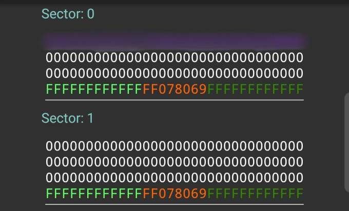 A dump of the first two blocks of the card data.