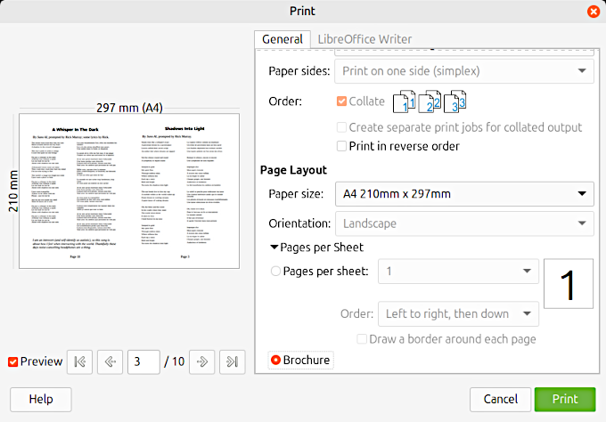 A screenshot of trying to print with LibreOffice Writer.