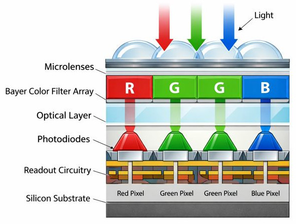 An AI generated diagram of how camera pixels work.