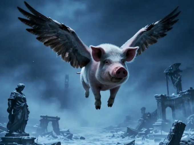 A pig flying over the frozen ruins of hell.