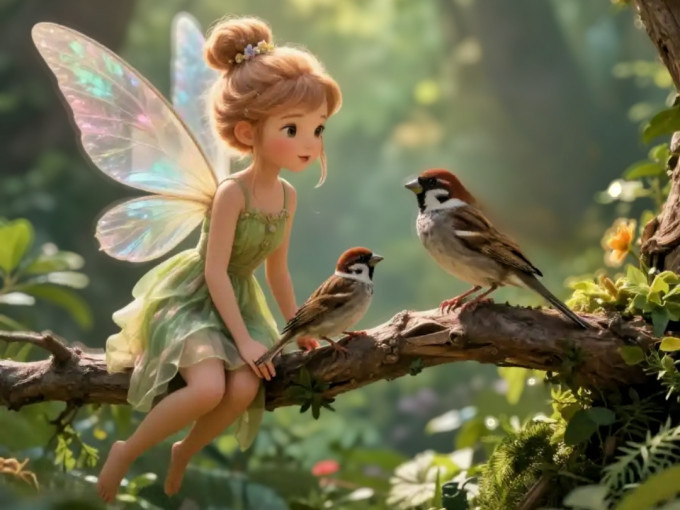 A fairy talking to sparrows.
